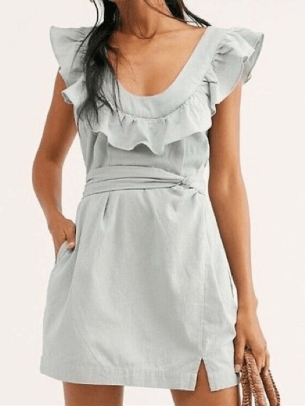 Free People Lara Sage Ruffle Tie-Waist Mini Skirt NWT